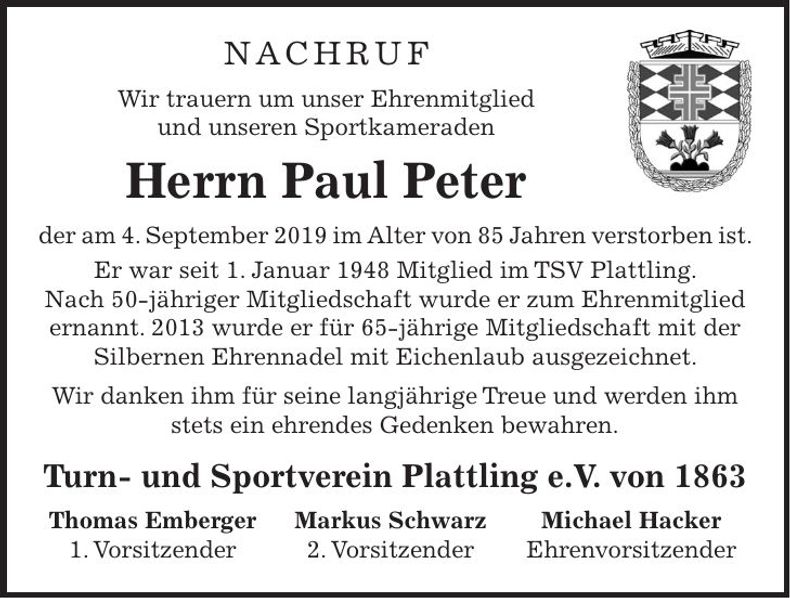 Traueranzeige Paul Peter