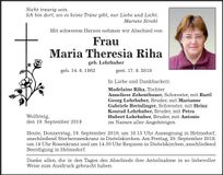 Traueranzeige Maria Theresia Riha