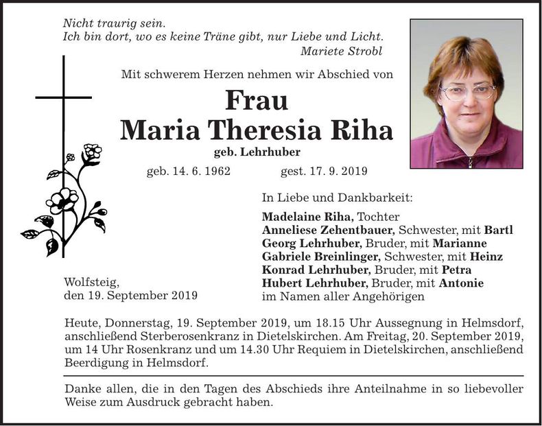 Traueranzeige Maria Theresia Riha