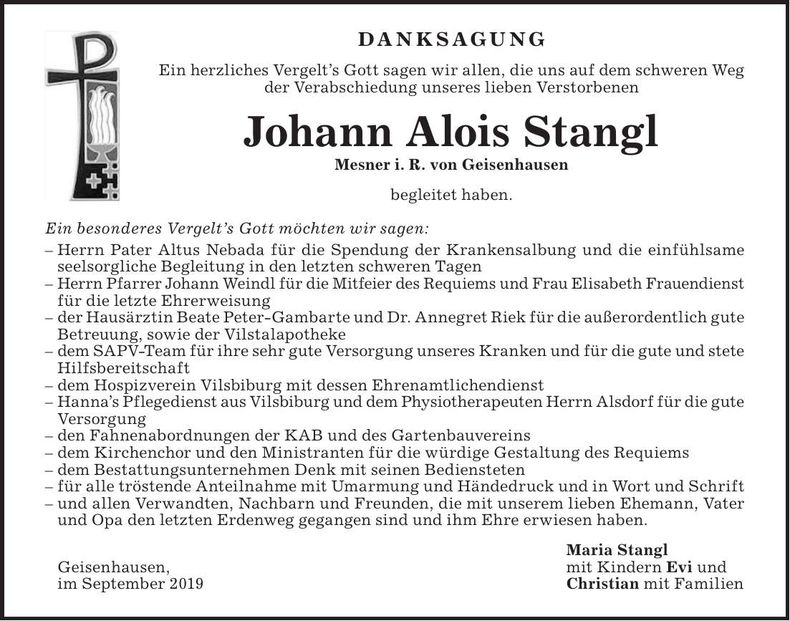 Traueranzeige Johann Alois Stangl
