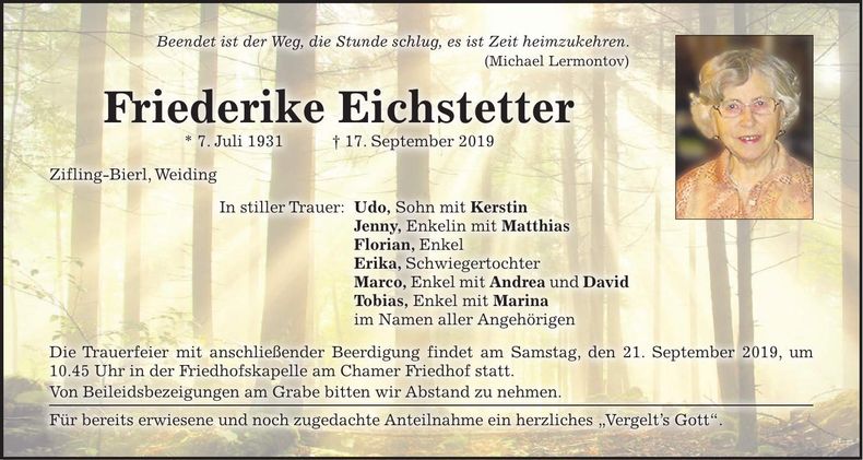 Traueranzeige Friederike Eichstetter