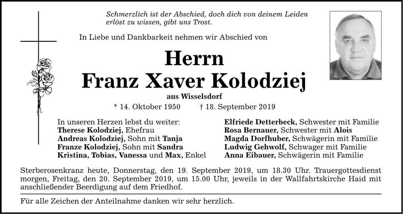 Traueranzeige Franz Xaver Kolodziej