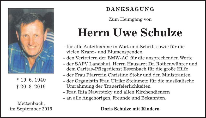 Traueranzeige Uwe Schulze