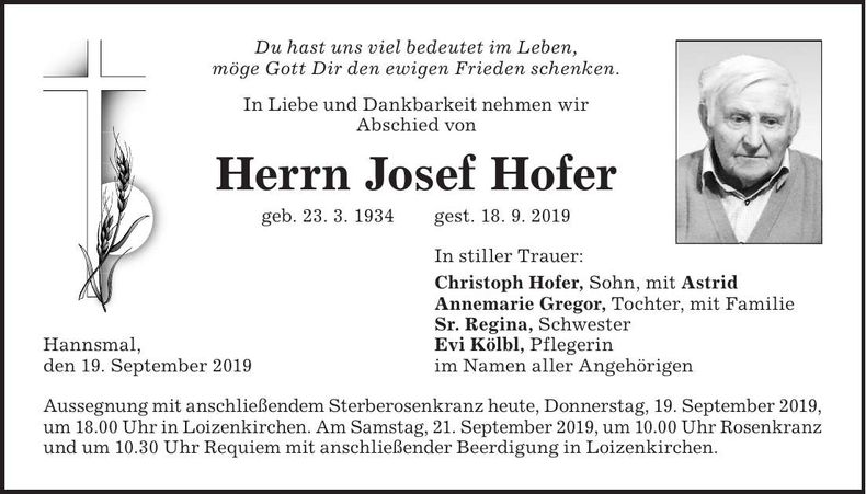 Traueranzeige Josef Hofer