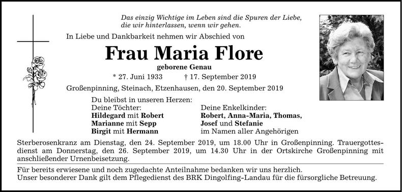 Traueranzeige Maria Flore