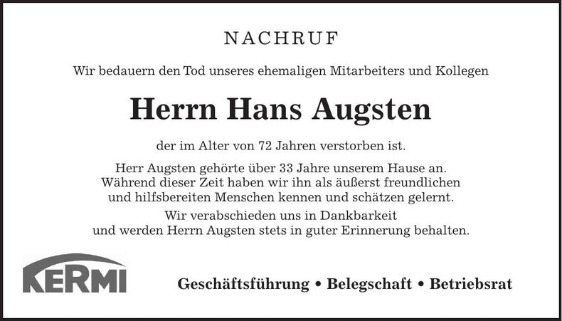 Traueranzeige Hans Augsten