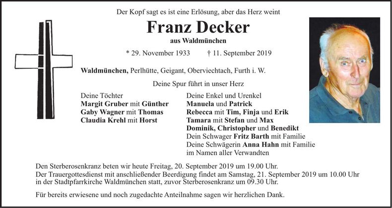 Traueranzeige Franz Decker