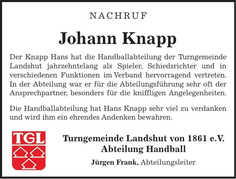 Traueranzeige Johann Knapp