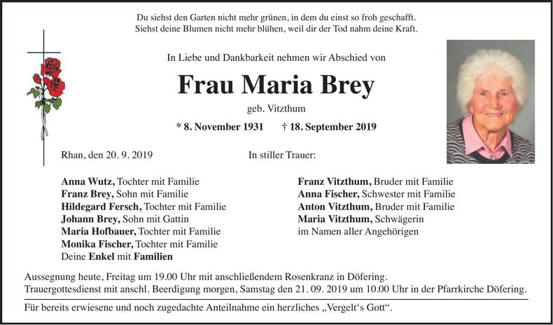 Traueranzeige Maria Brey