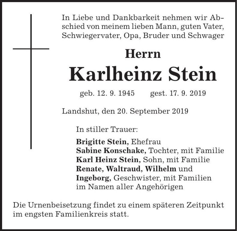 Traueranzeige Karlheinz Stein