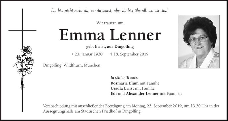 Traueranzeige Emma Lenner