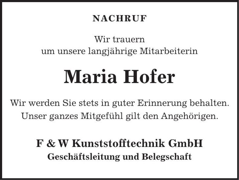 Traueranzeige Maria Hofer