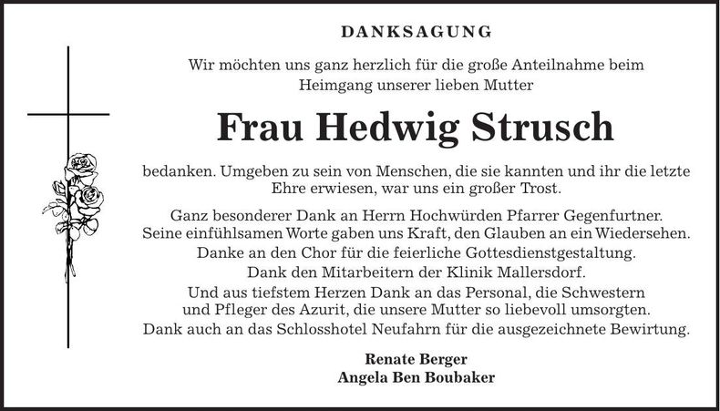 Traueranzeige Hedwig Strusch