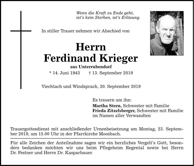 Traueranzeige Krieger Ferdinand