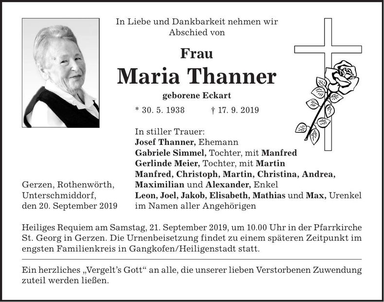 Traueranzeige Maria Thanner