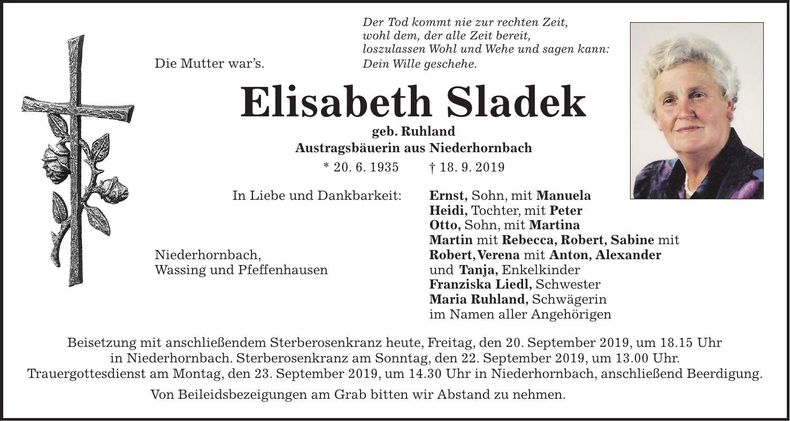 Traueranzeige Elisabeth Sladek