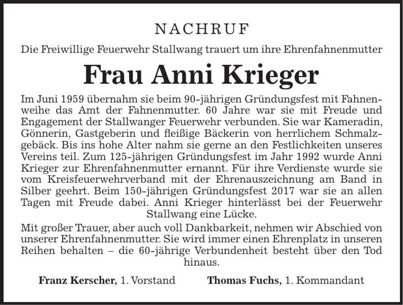Traueranzeige Anni Krieger