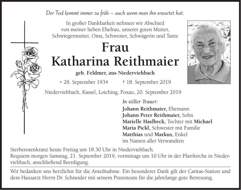 Traueranzeige Katharina Reithmaier