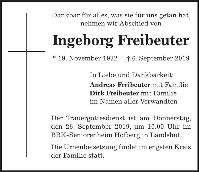 Traueranzeige Ingeborg Freibeuter