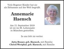 Traueranzeige Annemarie Haensch