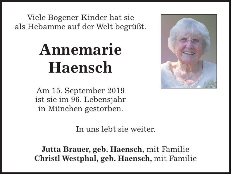 Traueranzeige Annemarie Haensch