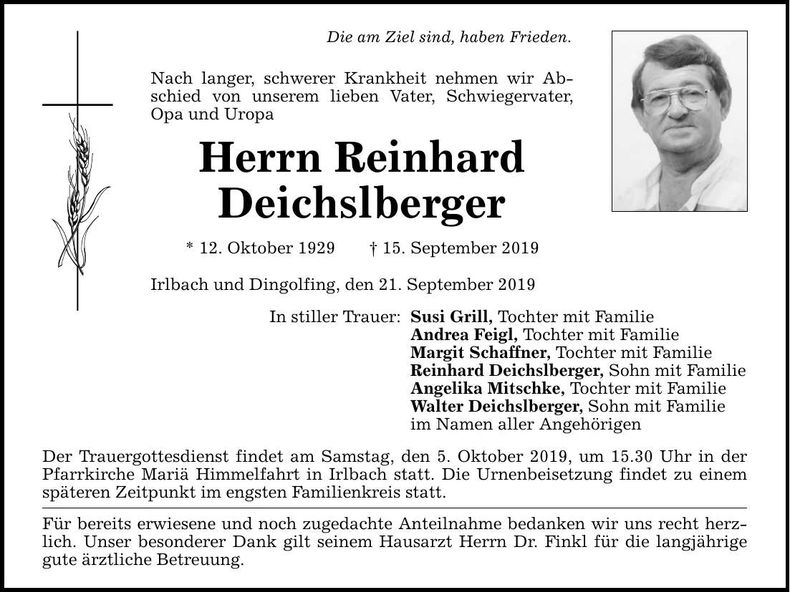 Traueranzeige Reinhard Deichslberger