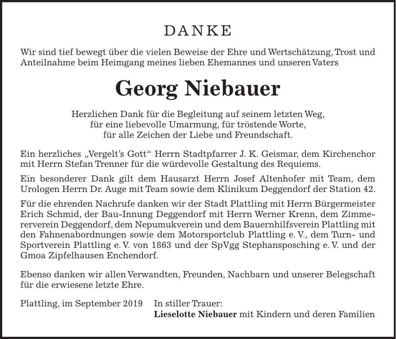 Traueranzeige Georg Niebauer