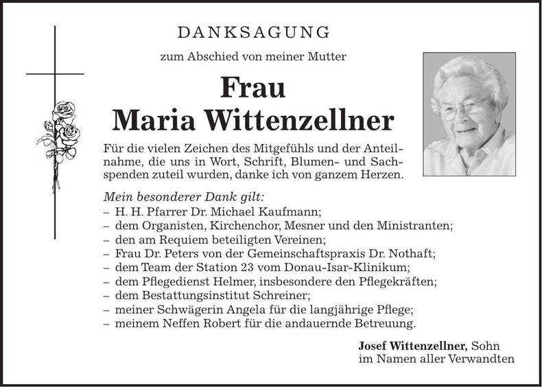 Traueranzeige Maria Wittenzellner