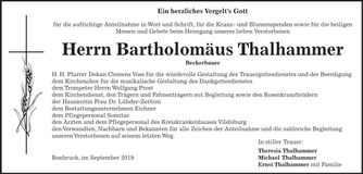 Traueranzeige Bartholomäus Thalhammer