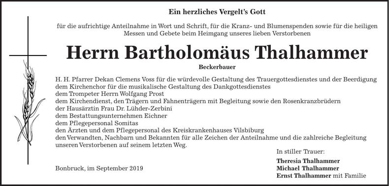 Traueranzeige Bartholomäus Thalhammer
