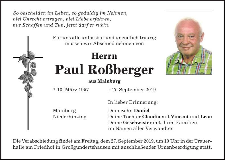 Traueranzeige Paul Roßberger
