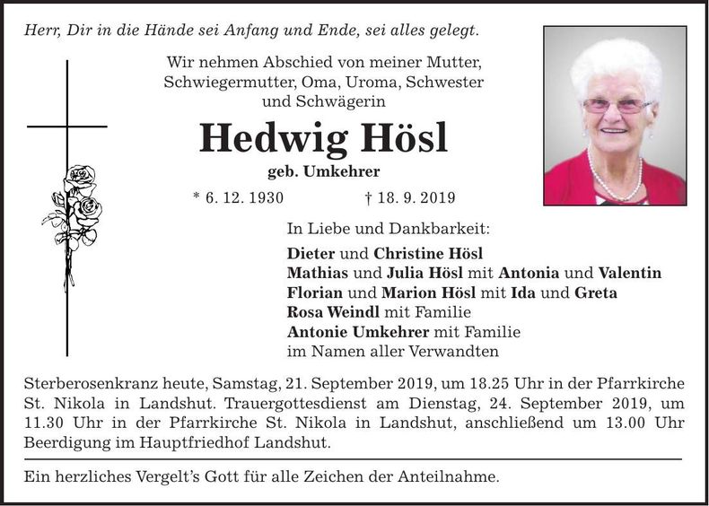 Traueranzeige Hedwig Hösl