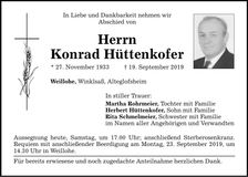 Traueranzeige Konrad Hüttenkofer
