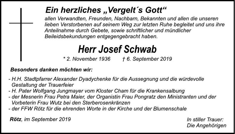 Traueranzeige Schwab Josef