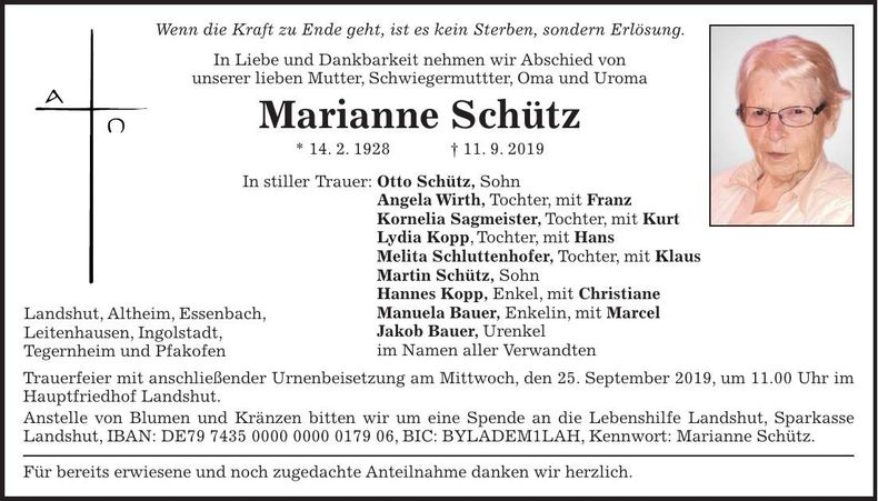 Traueranzeige Marianne Schütz