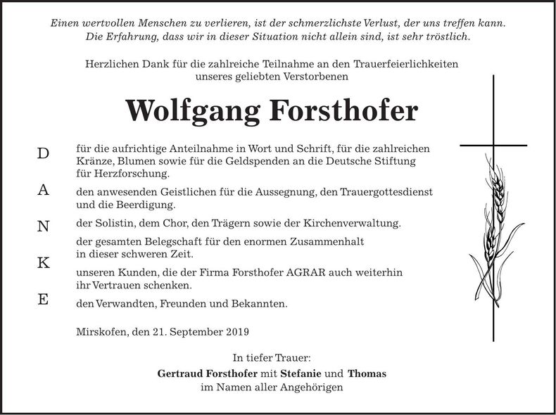 Traueranzeige Wolfgang Forsthofer
