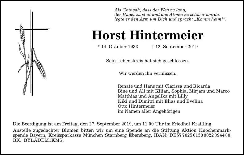Traueranzeige Horst Hintermeier
