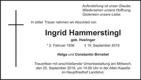Traueranzeige Ingrid Hammerstingl