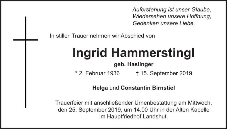 Traueranzeige Ingrid Hammerstingl