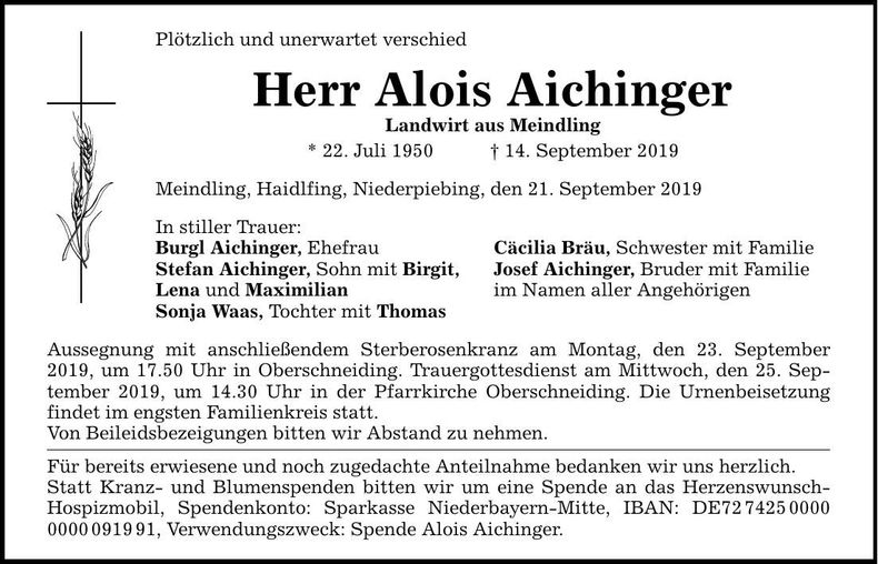 Traueranzeige Alois Aichinger