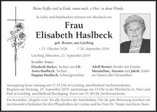 Traueranzeige Elisabeth Haslbeck