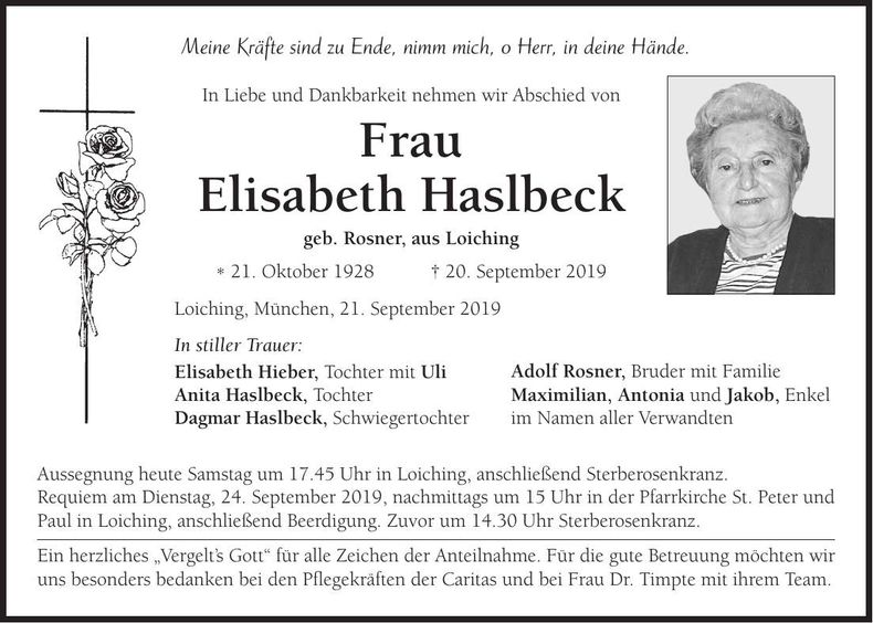 Traueranzeige Elisabeth Haslbeck