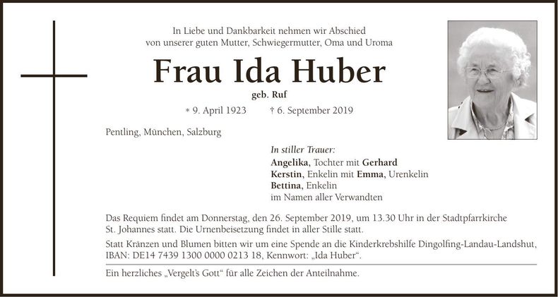 Traueranzeige Ida Huber