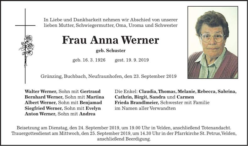 Traueranzeige Anna Werner