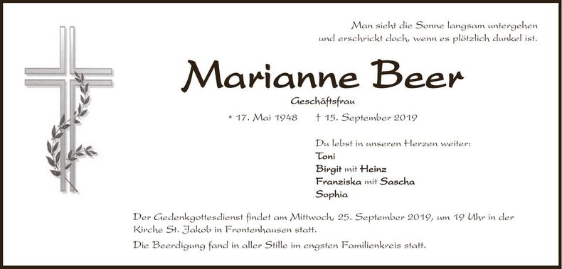 Traueranzeige Marianne Beer