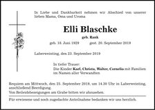 Traueranzeige Elli Blaschke