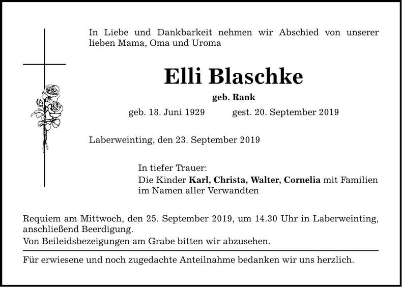 Traueranzeige Elli Blaschke