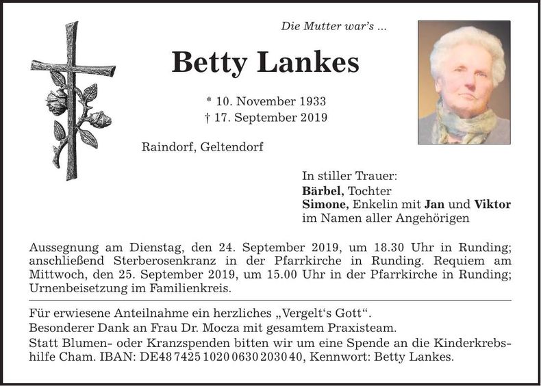 Traueranzeige Betty Lankes