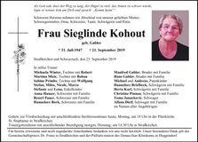 Traueranzeige Sieglinde Kohout