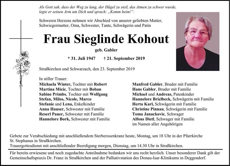 Traueranzeige Sieglinde Kohout
